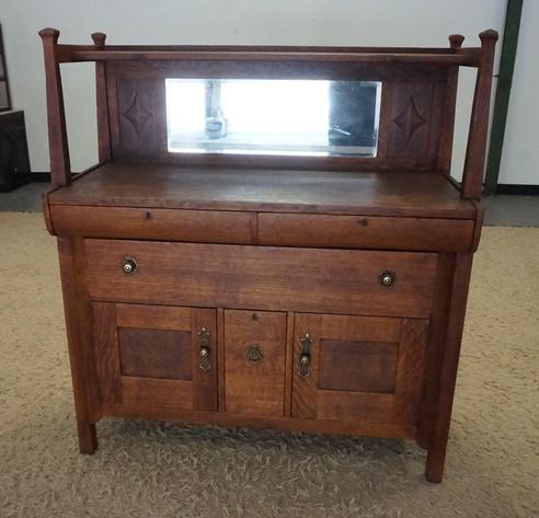 ANTIQUE MIRROR BACK OAK SIDEBOARD: ANTIQUE MIRROR BACK OAK SIDEBOARD, 4 DRAWER & 2 DOORS, 45 IN WIDE X 51 IN HIGH X 20 IN DEEP