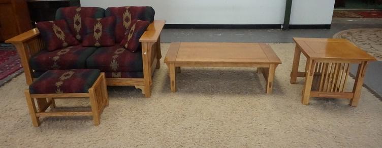 4 PIECE MISSION STYLE FURNITURE: 4 PIECE CONTEMPORARY MISSION STYLE FURNITURE, SETTEE, FOOT STOOL, COFFEE TABLE & END TABLE, SETTEE IS 62 IN WIDE