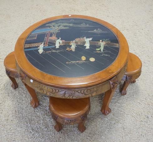 ROUND ASIAN TABLE W/4 SMALL SEATS: ROUND ASIAN TABLE W/4 SMALL SEATS, HAS PAINTED & CARVED STONE DECORATION UNDER THE GLASS TOP, 36 IN DIAMETER, 20 1/2 IN HIGH