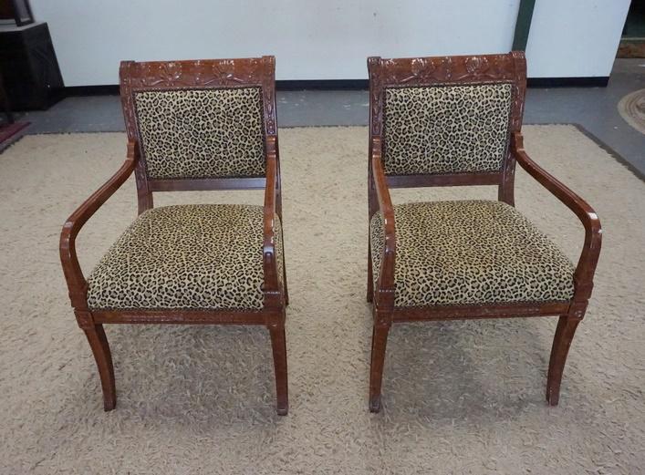 PAIR OF CANED ARMCHAIRS W/FAUX LEOPARD: PAIR OF CANED ARMCHAIRS W/FAUX LEOPARD UPHOLSTERY & LEATHER BACKS