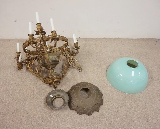 ORNATE BRASS HANGING LAMP W/CASED AQUA SHADE: ORNATE BRASS HANGING LAMP W/CASED AQUA SHADE, ONE OF THE SMALL LIGHTS NEEDS TO BE RE-ATTACHED, APPROXIMATELY 36 IN HIGH X 26 IN WIDE