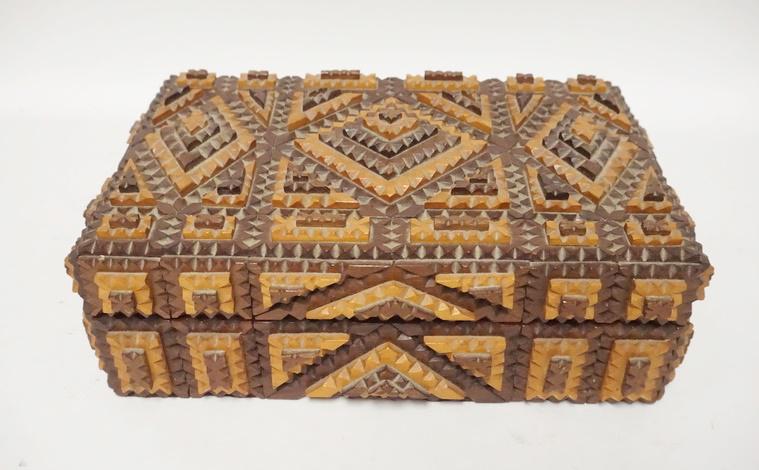 TRAMP ART JEWELRY BOX: TRAMP ART JEWELRY BOX, 12 IN X 8 IN X 4 1/2 IN HIGH