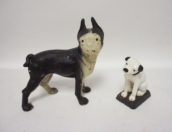 CAST IRON BOSTON TERRIER & NIPPER: CAST IRON BOSTON TERRIER & NIPPER, NOT ANTIQUE, TERRIER IS 9 1/2 IN LONG