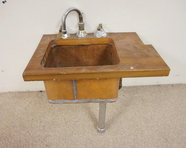 COPPER SINK: COPPER SINK, WOODEN TOP SURFACE, 20 IN X 14 IN, BOWL IS 7 1/4 IN DEEP