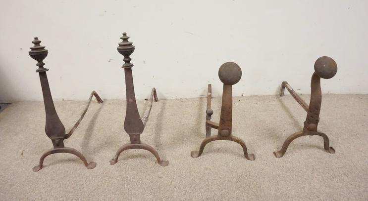 2 PAIRS OF ANTIQUE IRON ANDIRONS: 2 PAIRS OF ANTIQUE IRON ANDIRONS, TALLER PAIR HAS BRASS FINIALS, 21 3/4 IN HIGH