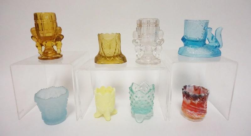 LOT OF 8 GLASS TOOTHPICK HOLDERS: LOT OF 8 GLASS TOOTHPICK HOLDERS, INCLUDES FIGURAL & SLAG GLASS