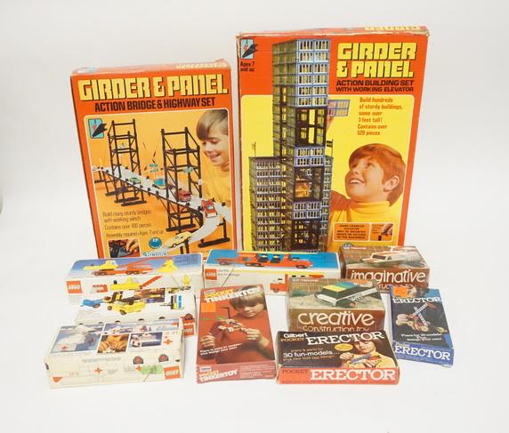 CONSTRUCTION TOY LOT: CONSTRUCTION TOY LOT INCLUDES 2 GIRDER & PANEL SETS & 9 SMALL W/LEGO, GILBERT ERECTOR, ETC, ALL IN BOXES
