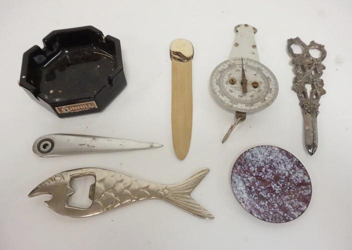 GROUP OF INTERESTING SMALLS: GROUP OF INTERESTING SMALLS, DUNHILL ASHTRAY, GRAPE SHEARS, HANGING SCALE, FISH BOTTLE OPENER, ETC