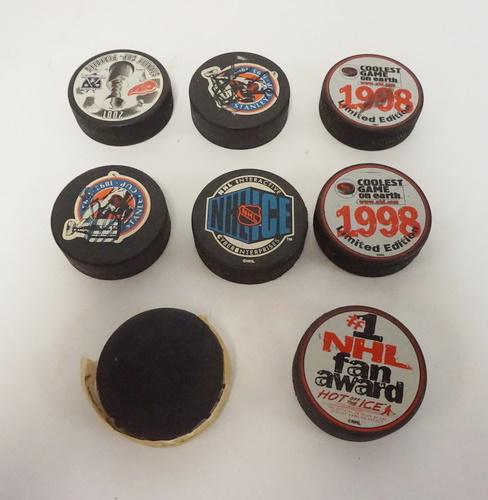 8 HOCKEY PUCKS, SOME SIGNED: 8 HOCKEY PUCKS, SOME SIGNED