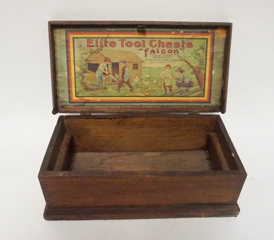 FALCON ELITE ANTIQUE CHILDS MINIATURE TOOL CHEST: FALCON ELITE TOOL CHEST, CHILDS TOOL BOX W/ORIGINAL LITHO, 11 1/2 IN X 6 IN X 4 IN HIGH
