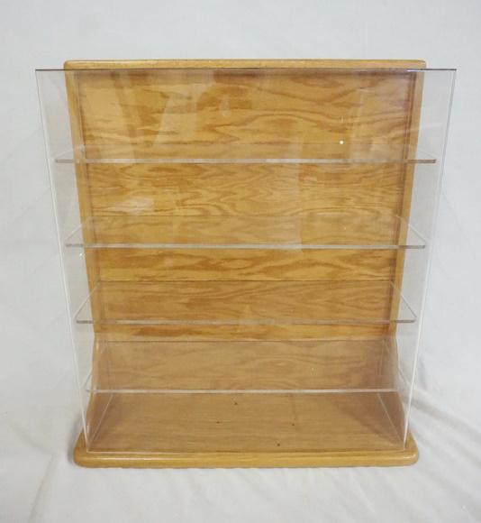 OAK DISPLAY CASE: OAK DISPLAY CASE W/PLEXIGLASS SHELVES & FRONT, 25 IN X 7 1/2 IN X 23 IN