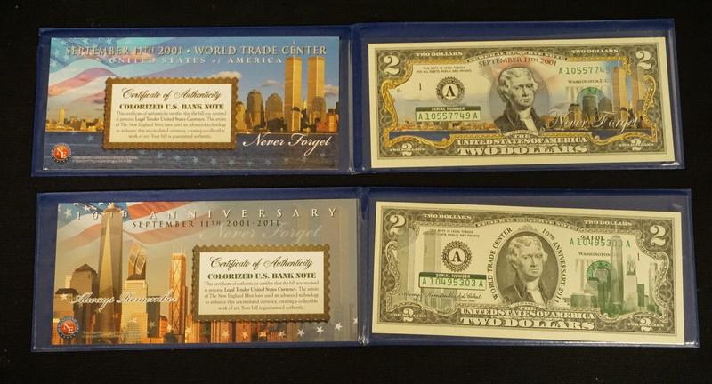 2 TWO DOLLAR BILLS COLORIZED: 2 TWO DOLLAR BILLS COLORIZED 911 WORLD TRADE CENTER
