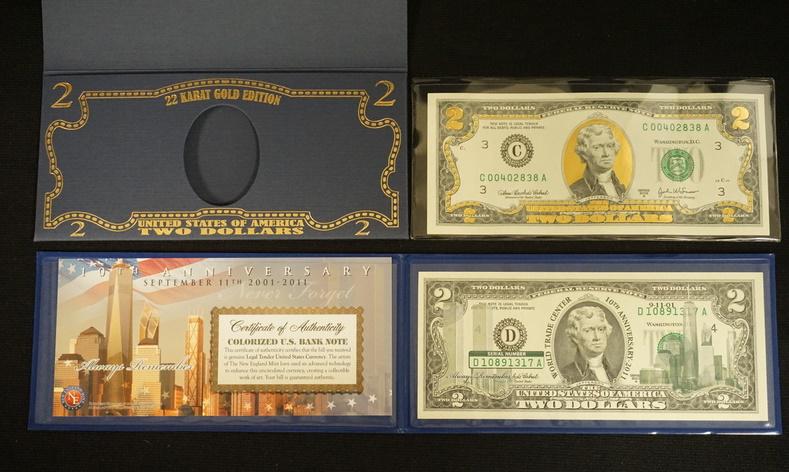 2 TWO DOLLAR BILLS COLORIZED: 2 TWO DOLLAR BILLS COLORIZED 911 AND 27K GOLD EDITION