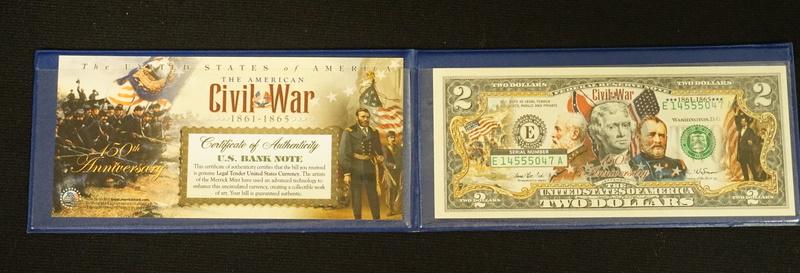 2 TWO DOLLAR BILLS COLORIZED: 2 TWO DOLLAR BILLS COLORIZED CIVIL WAR