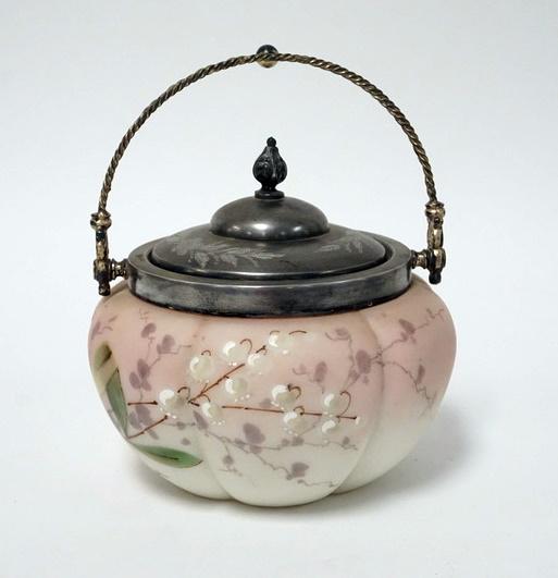 HAND PAINTED VICTORION SATIN GLASS BISCUIT JAR: HAND PAINTED VICTORION SATIN GLASS BISCUIT JAR W/ QUADROUPLE PLATE COLLAR, LID & BASE