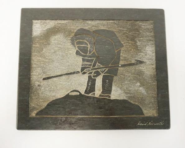 ESKIMO CARVED STONE PLAQUE OF FISHERMAN (1 of 2)