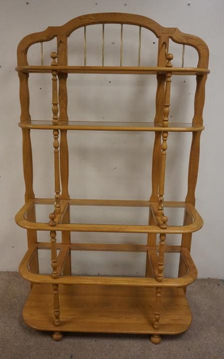 OAK BAKERS RACK: OAK BAKERS RACK W/ GLASS SHELVES & BRASS TRIM 48 IN W 17 IN DEEP, 79 IN H