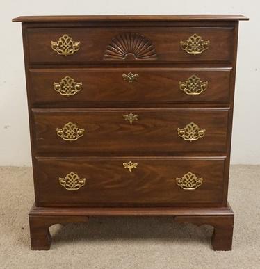HARDEN 4 DRAWER CHEST: HARDEN FOUR DRAWER CHEST ON HIGH BRACKET FEET AND SHELL CARVED CENTER ON TOP DRAWER. 32 IN W, 19 IN D, 35 IN H