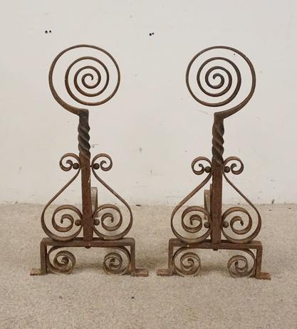PAIR OF WROUGHT IRON ANDIRONS: PAIR OF WROUGHT IRON ANDIRONS, 26 IN HIGH X 19 IN DEEP