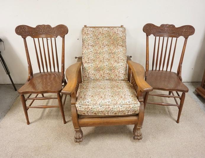GROUP OF 3 CHAIRS: GROUP OF 3 CHAIRS, CLAW FOOT MORRIS CHAIR & 2 OAK PRESS BACK CHAIRS