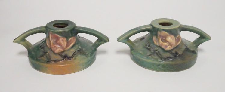 PAIR OF ROSEVILLE MAGNOLIA GREEN CANDLESTICKS (1 of 3)