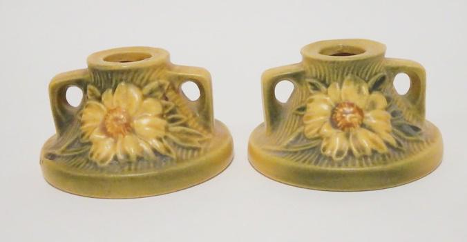 PAIR OF ROSEVILLE YELLOW PEONY CANDLESTICKS (1 of 3)
