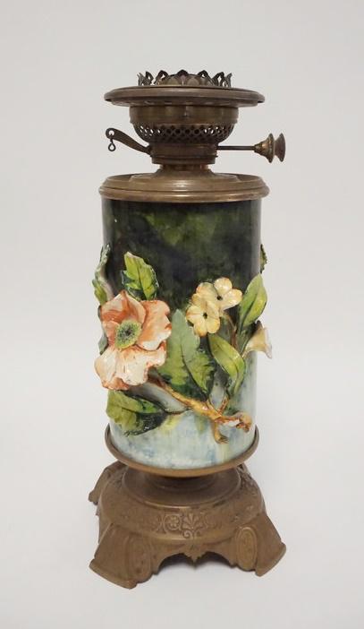 MILLER LAMP ART POTTERY: MILLER LAMP ART POTTERY, APPLIED LEAVES & FLOWERS HAVE CHIPS, 14 1/2 IN TOTAL HEIGHT