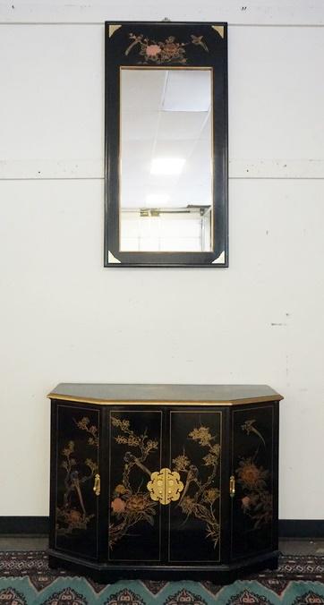 CHINOISERIE DECORATED CREDENZA & MIRROR: CHINOISERIE DECORATED CREDENZA & MIRROR. CREDENZA IS 42 IN W, 32 IN H, 13 IN DEEP. MIRROR IS 24 IN X 48 IN