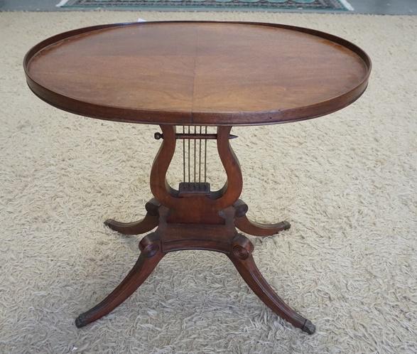 LYRE BASE OVAL STAND: LYRE BASE OVAL STAND W/ BRASS FEET, 26 1/4 IN X 19 1/2IN, 26 1/4 IN H