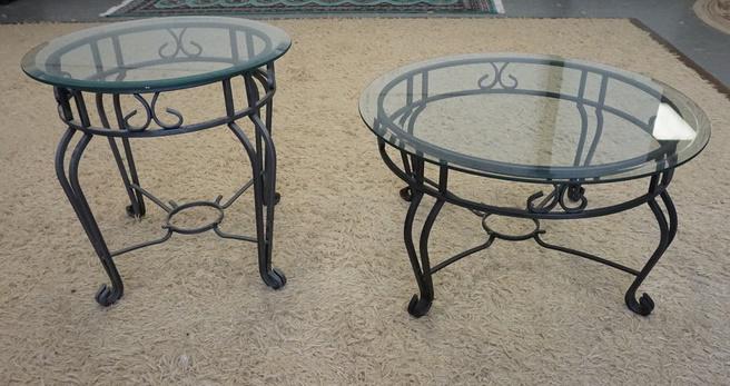 2 IRON GLASS TOP TABLES: 2 IRON GLASS TOP TABLES. 24 IN DIAMETER, 27 IN H, & 32 IN DIAMETER, 17 1/4 IN H
