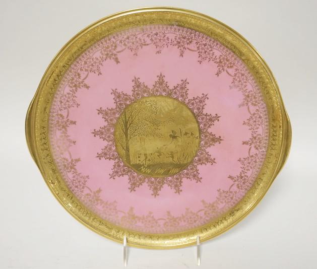 BAVARIAN HUTSCHENREUTHER TRAY: BAVARIAN HUTSCHENREUTHER TRAY W/ PINK LUSTER AND GILT CENTER AND RIM DEPICTING WINGED FAIRIES