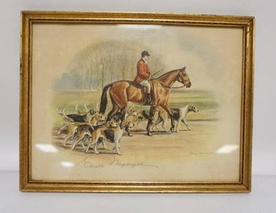 EDWIN MEGARGEE HUNT PRINT: EDWIN MEGARGEE HUNT PRINT. NY ARTIST (1883-1958) ARTWORK ORIGINALLY DONE FOR FIELD & STREAM. 12 3/4 IN X 9 3/4 IN INLCUDING FRAME