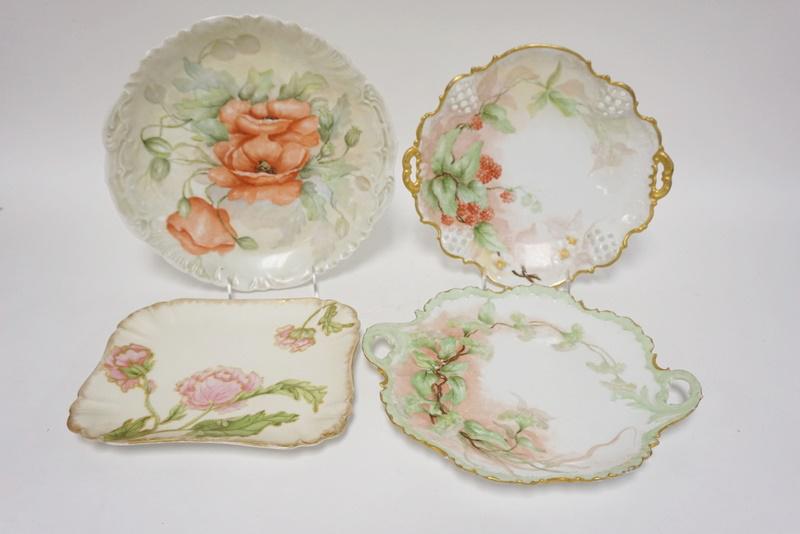 4 PIECES OF HAND PAINTED CHINA: 4 PIECES OF HAND PAINTED CHINA INCLDUING FRENCH, GERMAN & BAVARIAN. LARGEST PLATE IS 12 IN