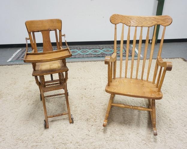 ANTIQUE  HIGH CHAIR STROLLER & CONTEMPORARY ROCKER (1 of 3)
