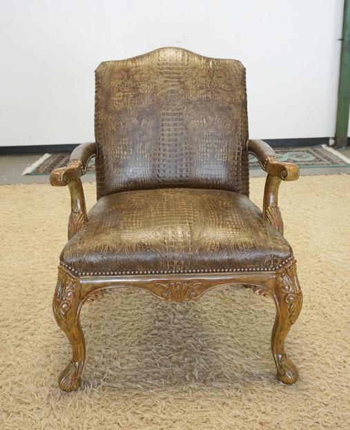 TRUMP CARVED ARM CHAIR: TRUMP CARVED ARM CHAIR, FAUX ALLIGATOR, 28 IN WIDE X 40 IN HIGH