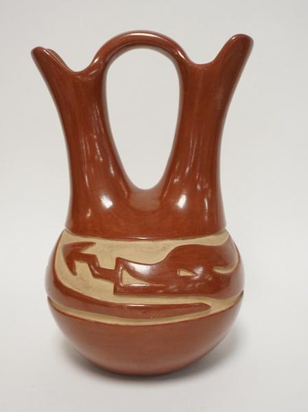 TERESITA NARANJO POTTERY VESSEL: TERESITA NARANJO POTTERY VESSEL, DOUBLE NECK, SANTA CLARA, 13 1/2 IN HIGH