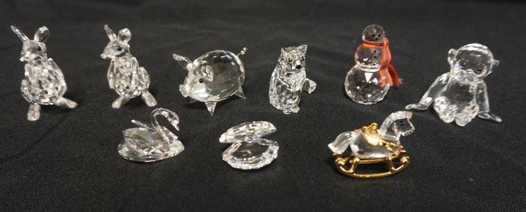 9 SMALL SWAROVSKI FIGURES: 9 SMALL SWAROVSKI FIGURES, INCLUDES KANGAROO, MONKEY, PIG, ETC
