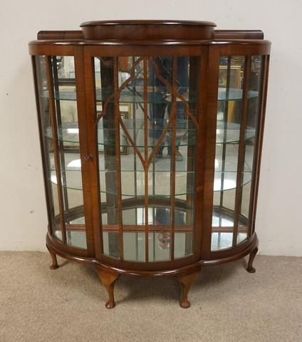 MIRROR BACK CHINA CABINET: MIRROR BACK CHINA CABINET, GLASS SHELVES, BOWED DOOR, CURVED SIDE, HAS A LIFT TOP COMPARTMENT ON THE TOP, 41 IN WIDE X 48 IN HIGH, X 15 IN DEEP