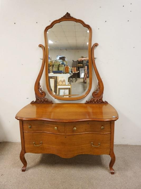 PRINCESS DRESSER W/MIRROR: PRINCESS DRESSER W/MIRROR, HARP RETAINER CLIPS ARE MISSING, MIRROR IS BEVELED, 45 IN WIDE X 72 IN HIGH X 22 IN DEEP