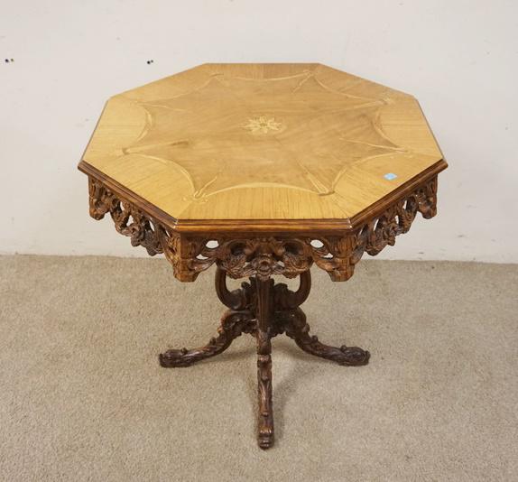 INLAID OCTAGONAL TABLE W/OPEN CARVED SKIRT (1 of 5)