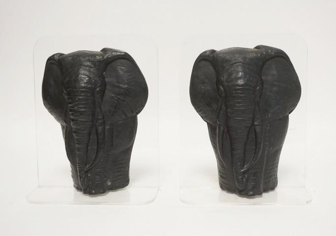PAIR OF LUCITE BACKED ELEPHANT BOOKENDS: PAIR OF LUCITE BACKED ELEPHANT BOOKENDS, 8 3/4 IN H