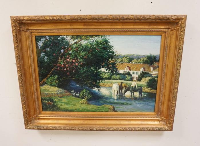 EDGAR VAUGHN OIL ON CANVAS: LARGE EDGAR VAUGHN CONTEMPORARY OIL ON CANVAS OF A LANDSCAPE, DEPICTING HORSES, FRUIT TREE & A BUILDING. 47 IN X 34 IN INCLUDING FRAME