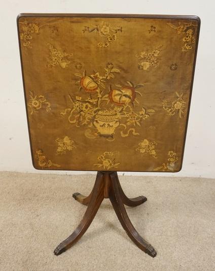 TILT TOP TABLE: TILT TOP TABLE WITH FLORAL AND URN INLAID TOP. 27 IN SQUARE X 27 1/2 IN HIGH