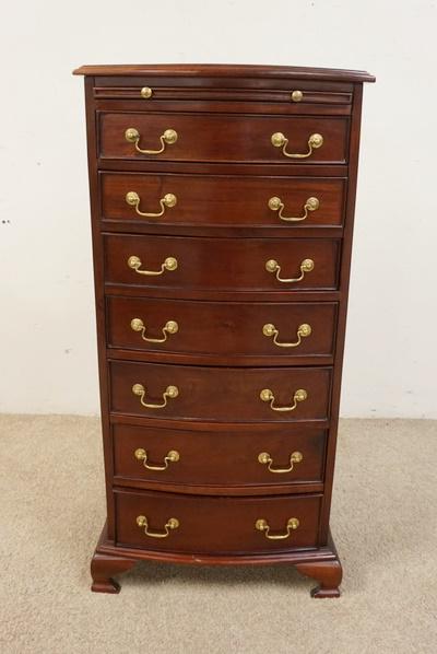 MAHOGANY 7 DRAWER LINGERE CHEST: MAHOGANY 7 DRAWER INDONESIAN LINGERE CHEST WITH PULLOUT SURFACE ON TOP. 16 IN X 22 IN X 46 IN HIGH. TOP PULLOUT SURFACE HAS SPLIT