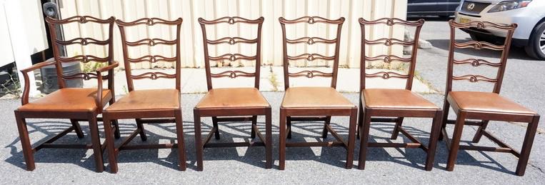 6 CHIPENDALE STYLE CHAIRS: SET OF 6 CHIPENDALE STYLE CHAIRS WITH LEATHER SEATS, LEATHER STAINDED, 1 ARM. POSSIBLY KITTENGER?