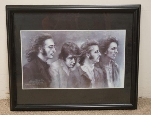 PRINT OF THE BEATLES BY HAIYAN: PRINT OF THE BEATLES BY HAIYAN 2002. 22 IN X 18 IN INCLUDING FRAME