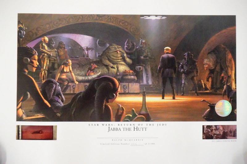 STAR WARS RALPH MCQUARRIE PRINT W/ 70MM FILM CELL: LIMITED EDITION STAR WARS RETURN OF THE JEDI JABBA THE HUT RALPH MCQUARRIE PRINT W/ 70MM FILM CELL. NO 2219/2500. 18 IN X 12 IN