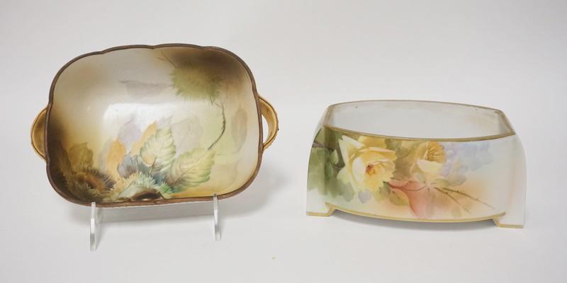 2 HAND PAINTED NIPPON BOWLS: 2 HAND PAINTED NIPPON BOWLS, GREEN WREATH MARK, LARGEST IS 8 IN ACROSS THE HANDLES