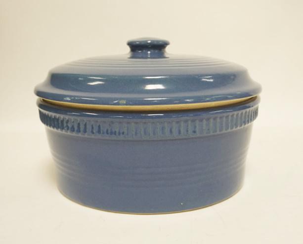 BLUE GLAZED COVERED CASSEROLE: BLUE GLAZED COVERED CASSEROLE, 6 IN HIGH X 9 3/4 IN DIAMETER