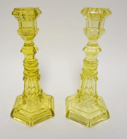 PR OF TALL FLINT VASELINE GLASS CANDLESTICKS (1 of 3)